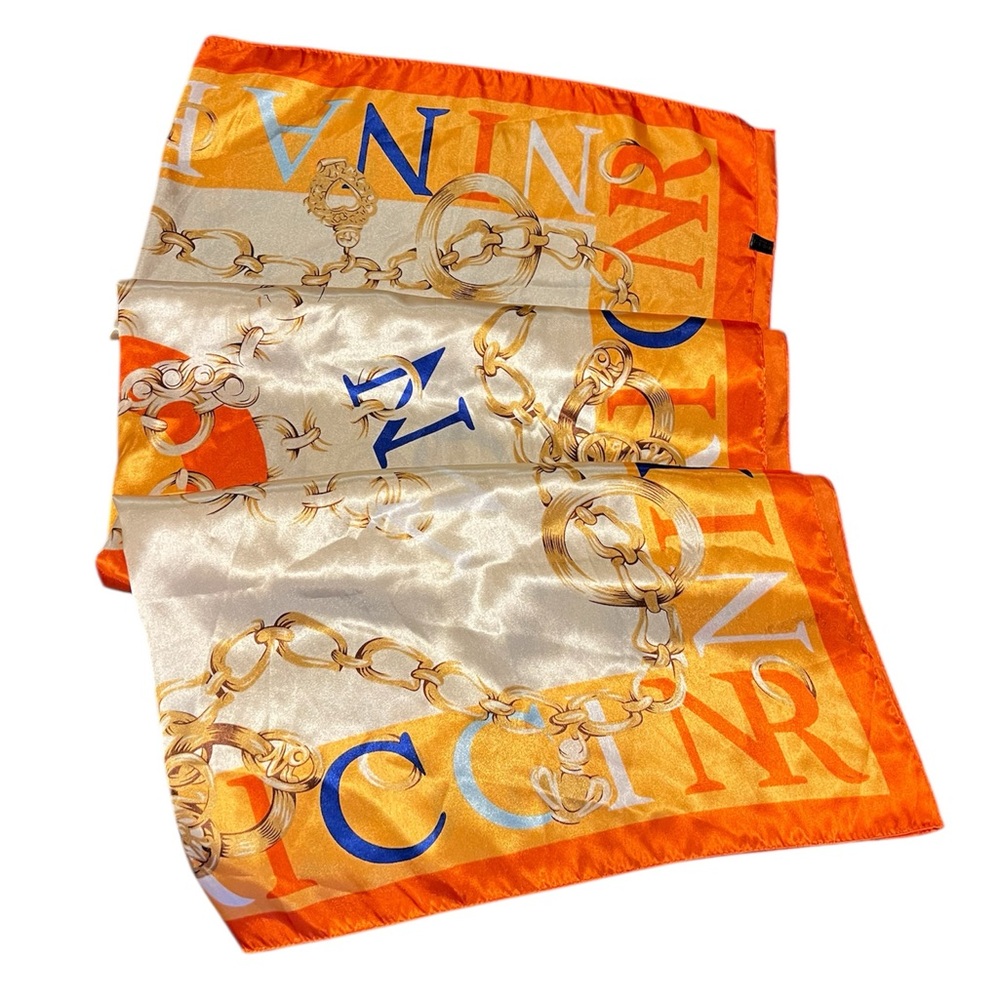 Vintage NINA RICCI PARIS Silk Satin White Orange Signature Scarf Chains 34x34in